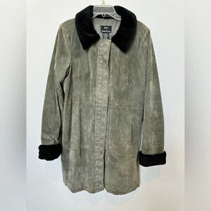 Dennis by‎ Dennis Basso Olive Green Suede Long Coat Faux Fur Trim Embroidery L